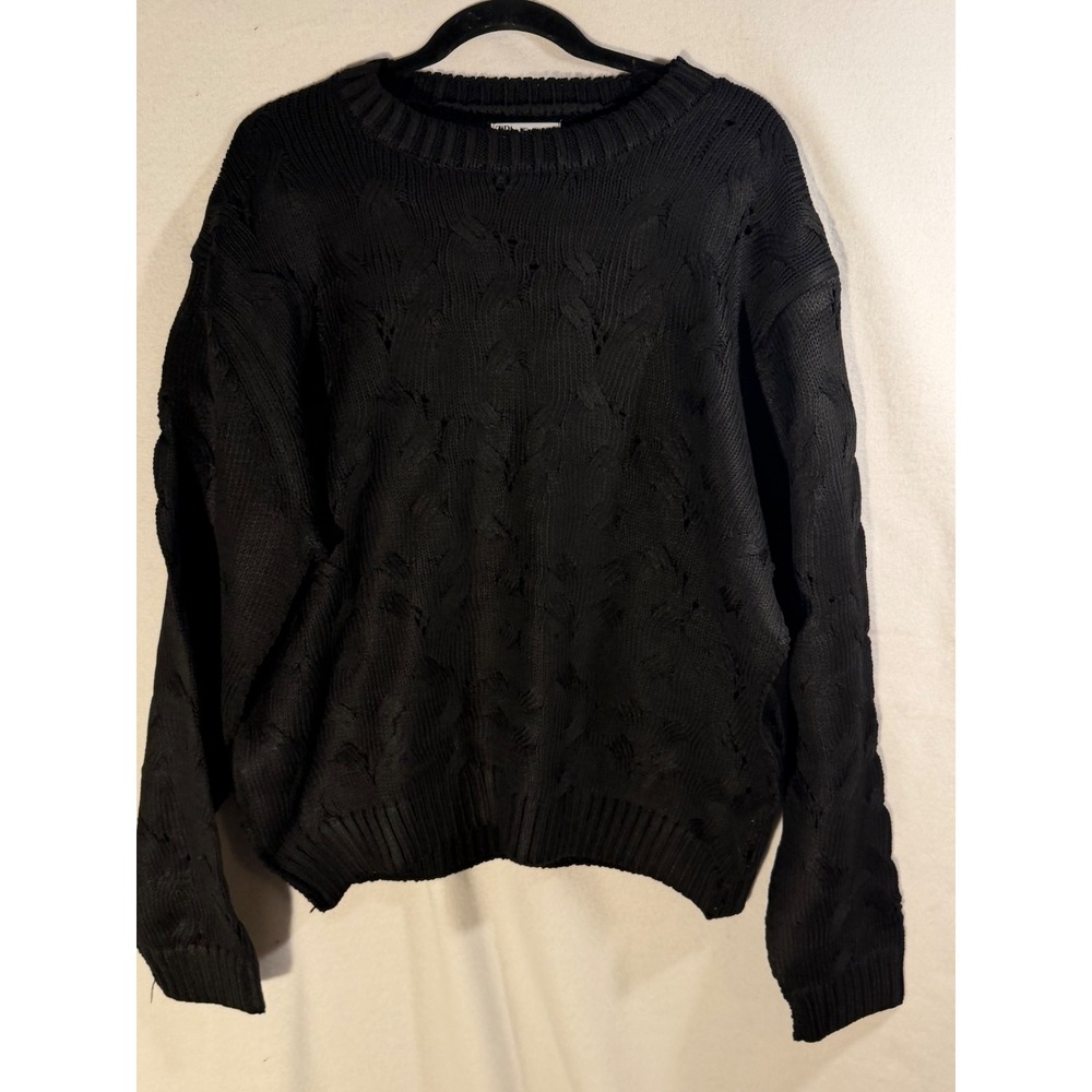 Zara Mens Black Cable Knit Distressed Open Weave Sweater Large L Crew Neck